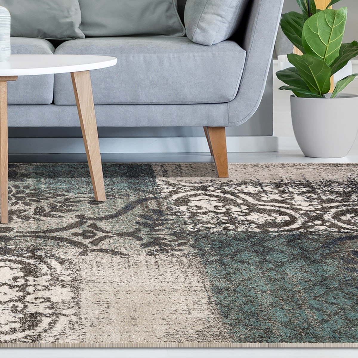 8" X 10" Teal And Gray Damask Distressed Stain Resistant Area Rug