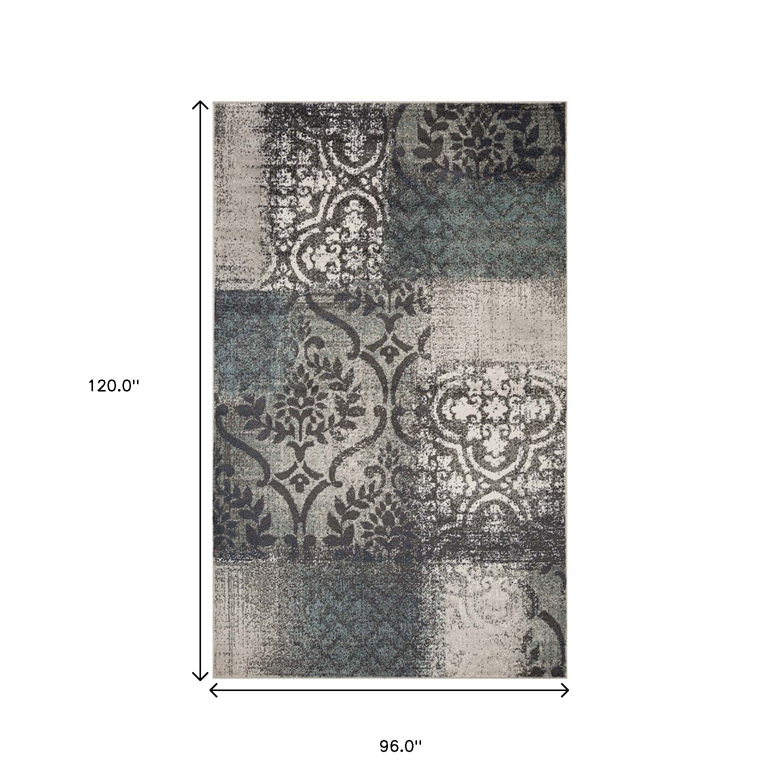 8" X 10" Teal And Gray Damask Distressed Stain Resistant Area Rug