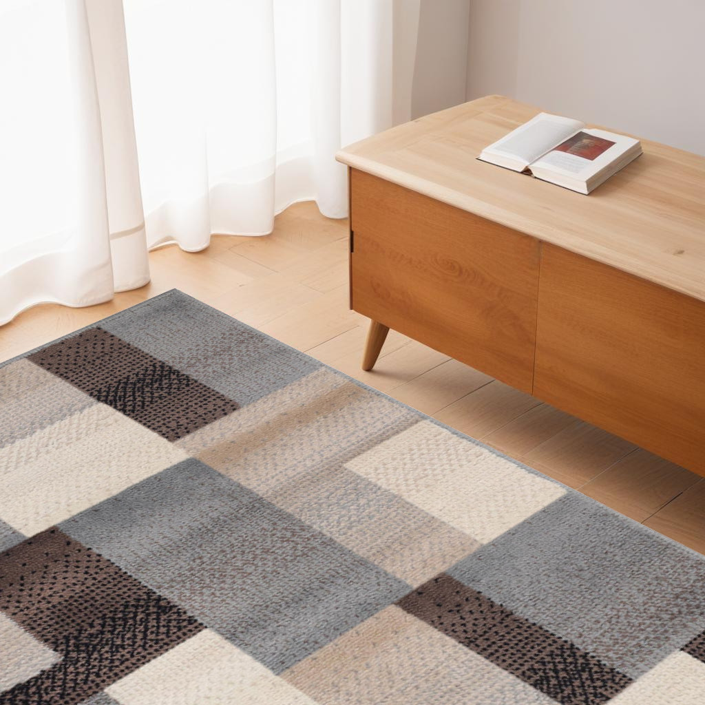 4" X 6" Grey-Brown Patchwork Power Loom Stain Resistant Area Rug