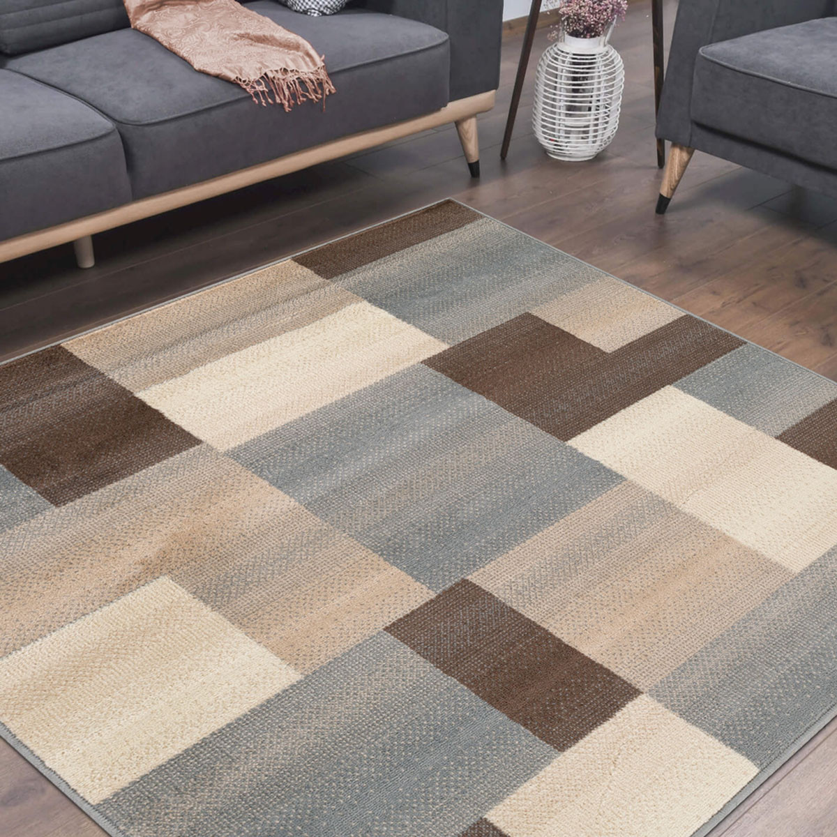 5" Square Grey Square Patchwork Power Loom Stain Resistant Area Rug