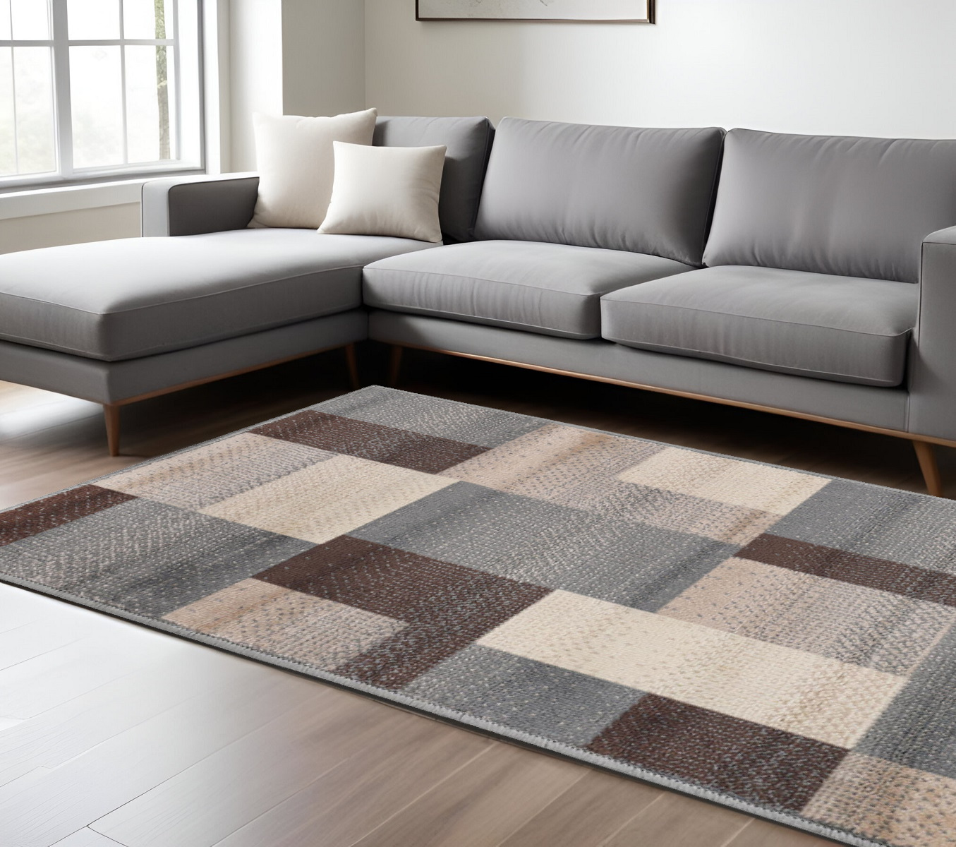 8" X 10" Gray Brown and Cream Patchwork Area Rug