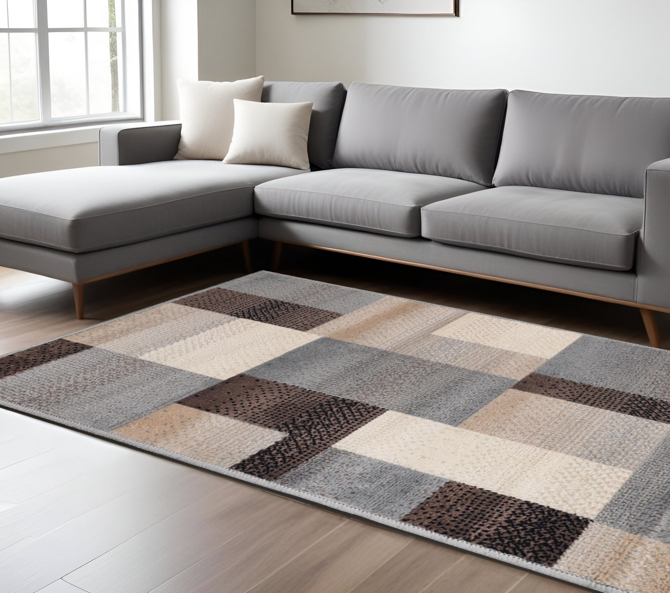 8" X 10" Grey-Brown Patchwork Power Loom Stain Resistant Area Rug