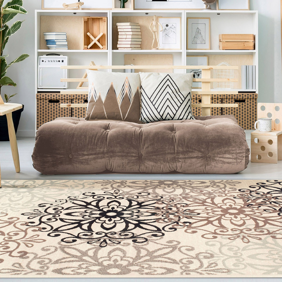 3" X 5" Beige And Gray Medallion Power Loom Stain Resistant Area Rug