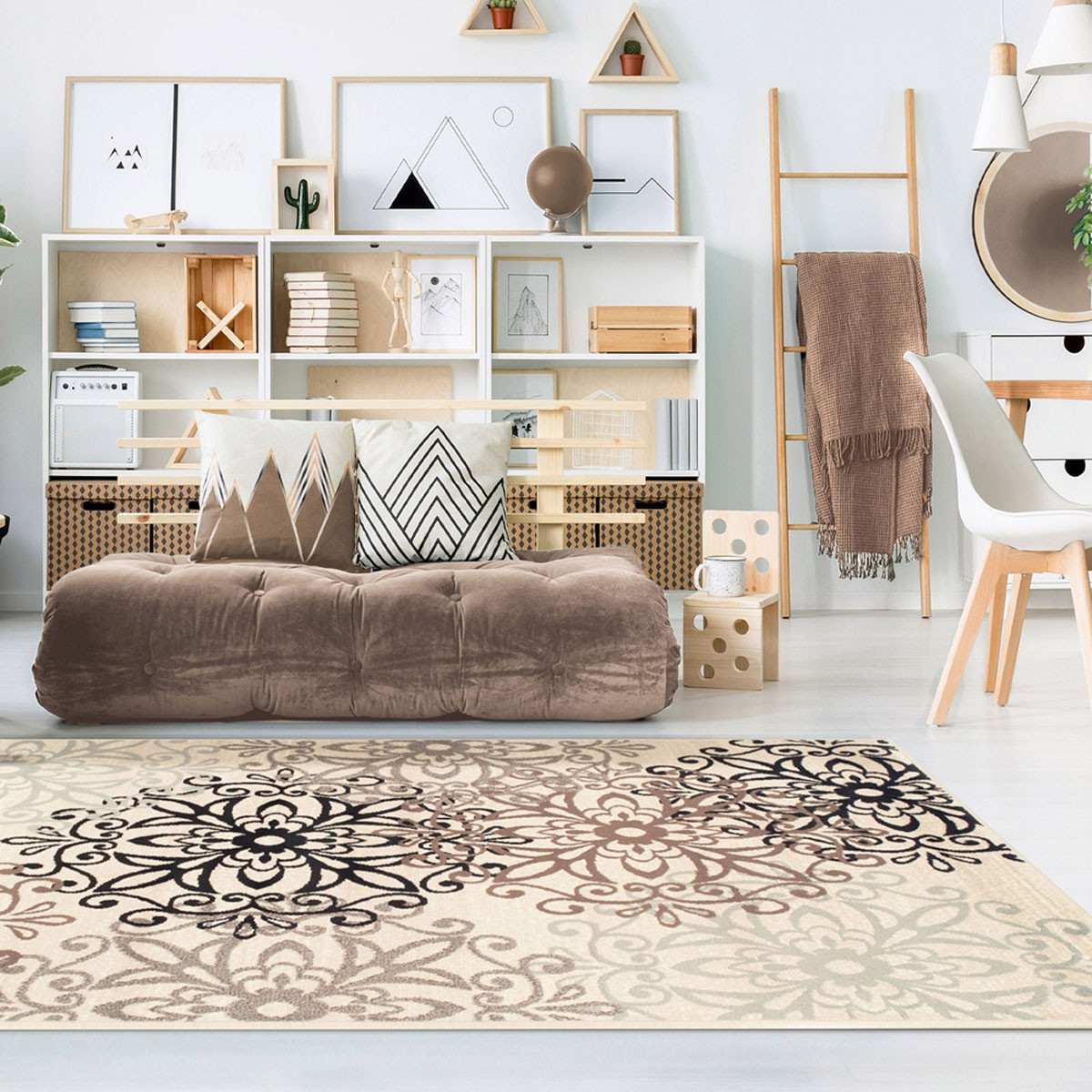 3" X 5" Beige And Gray Medallion Power Loom Stain Resistant Area Rug