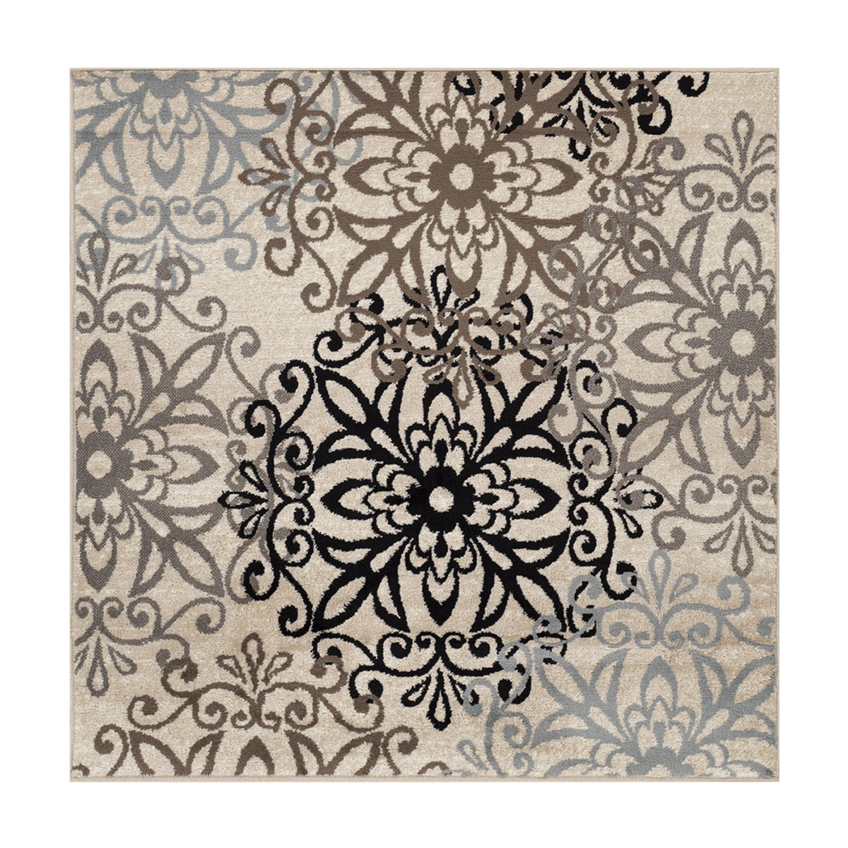5" Square Tan Gray And Black Square Floral Medallion Stain Resistant Area Rug
