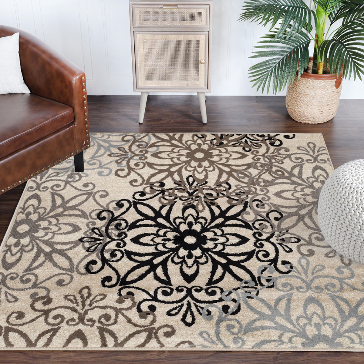 5" Square Tan Gray And Black Square Floral Medallion Stain Resistant Area Rug