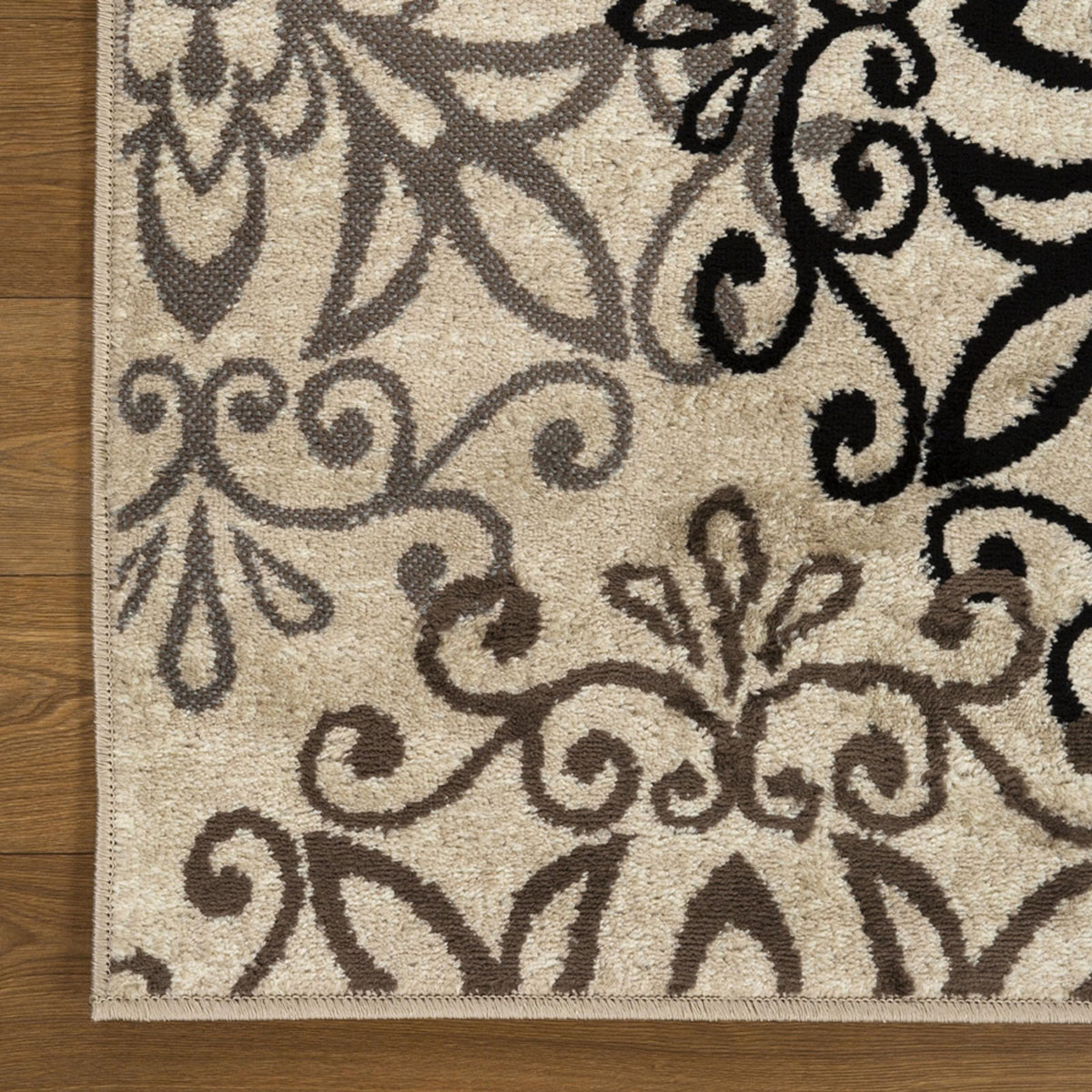 5" Square Tan Gray And Black Square Floral Medallion Stain Resistant Area Rug