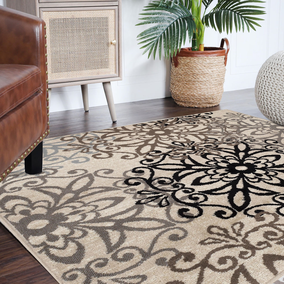 5" Square Tan Gray And Black Square Floral Medallion Stain Resistant Area Rug