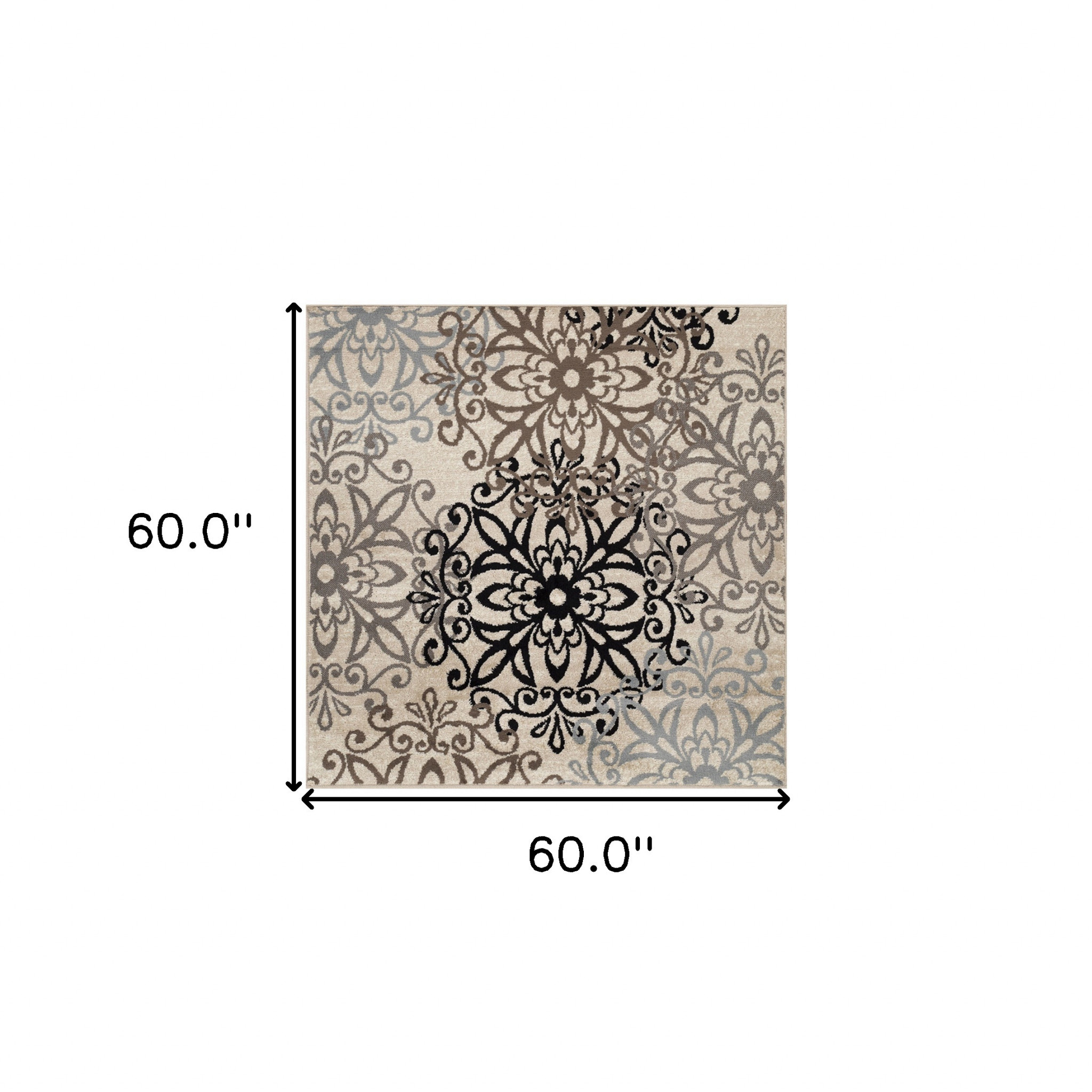 5" Square Tan Gray And Black Square Floral Medallion Stain Resistant Area Rug
