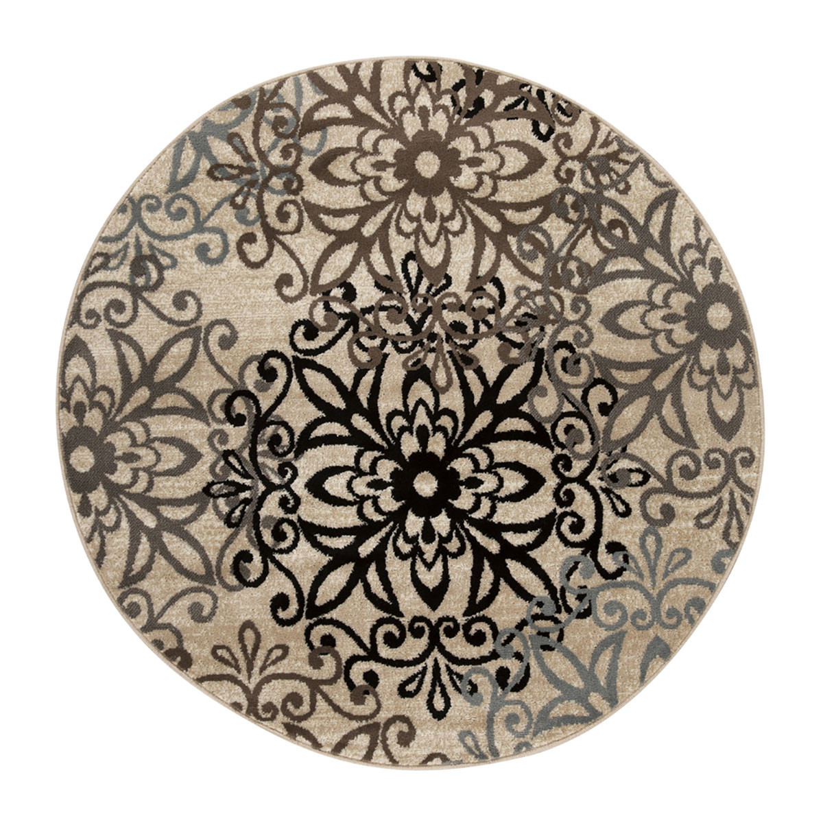 8" Round Tan Gray And Black Round Floral Medallion Stain Resistant Area Rug