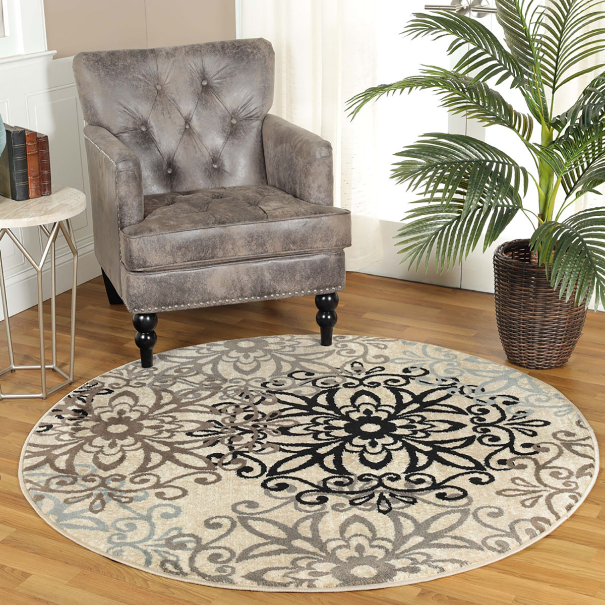 8" Round Tan Gray And Black Round Floral Medallion Stain Resistant Area Rug