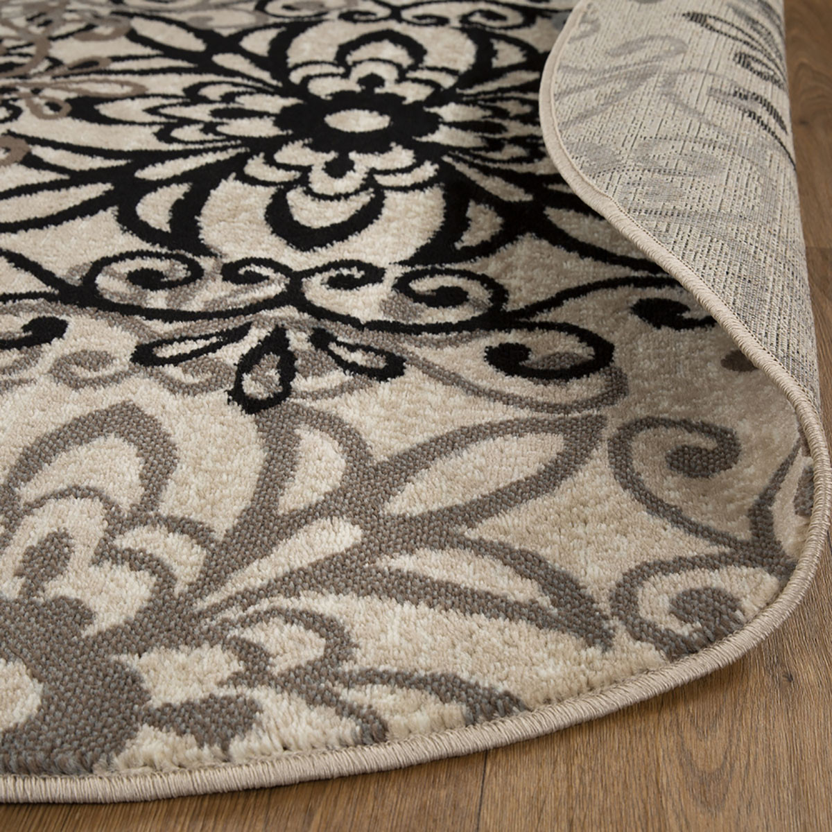 8" Round Tan Gray And Black Round Floral Medallion Stain Resistant Area Rug