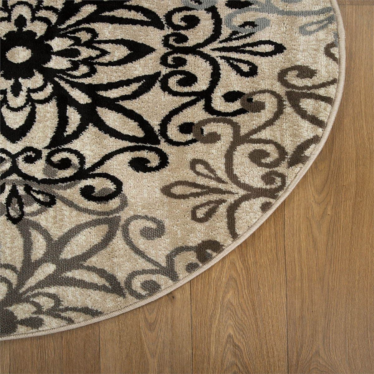 8" Round Tan Gray And Black Round Floral Medallion Stain Resistant Area Rug