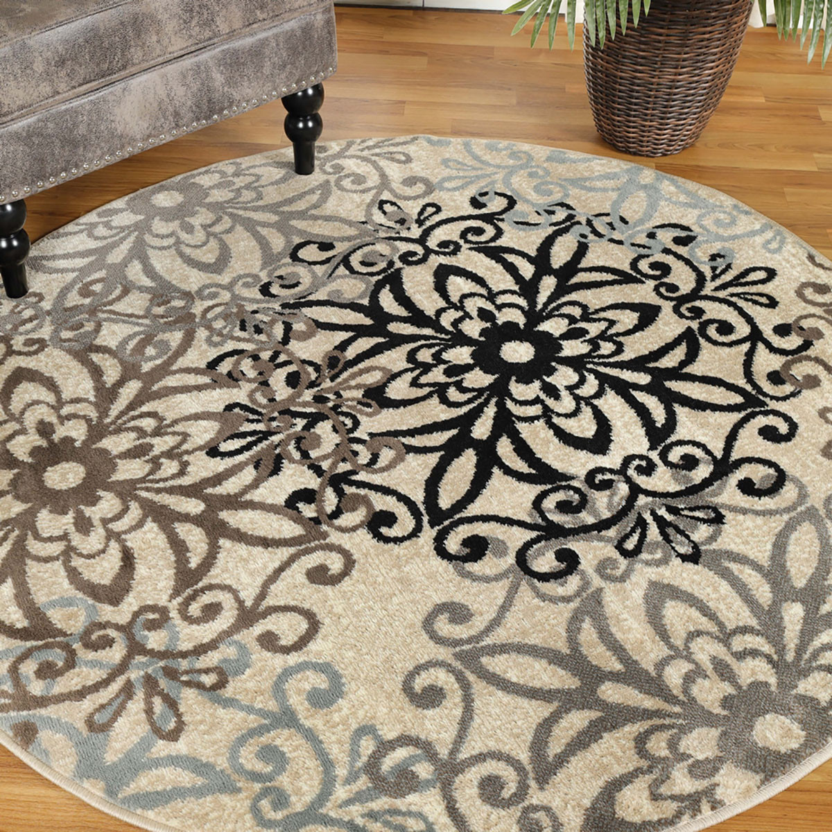 8" Round Tan Gray And Black Round Floral Medallion Stain Resistant Area Rug