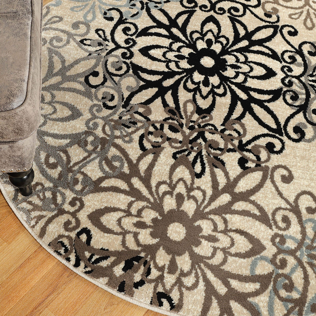 8" Round Tan Gray And Black Round Floral Medallion Stain Resistant Area Rug