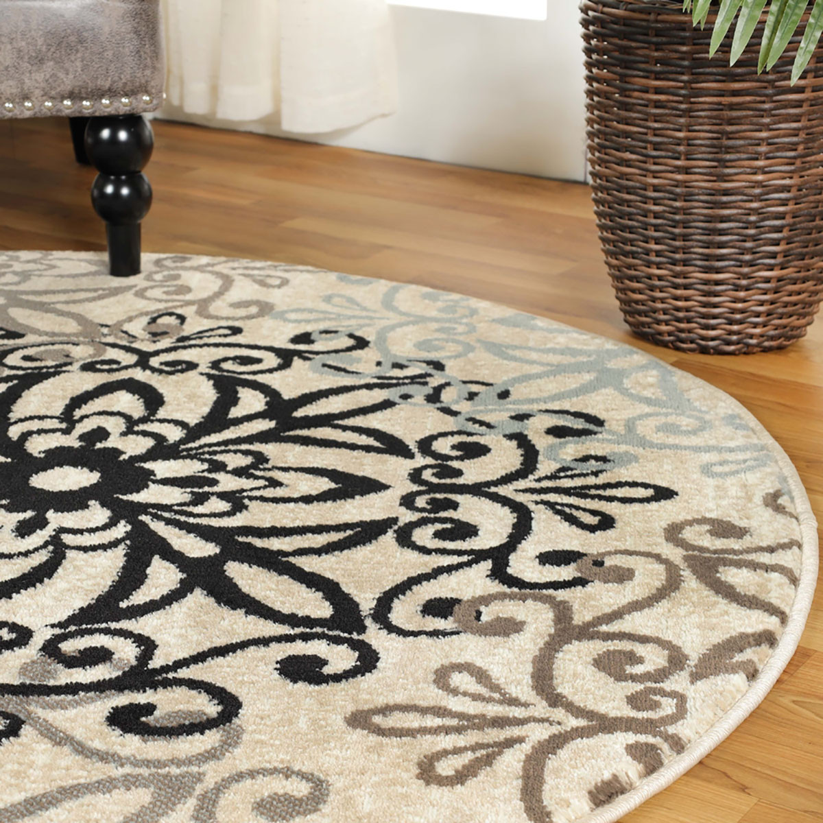 8" Round Tan Gray And Black Round Floral Medallion Stain Resistant Area Rug