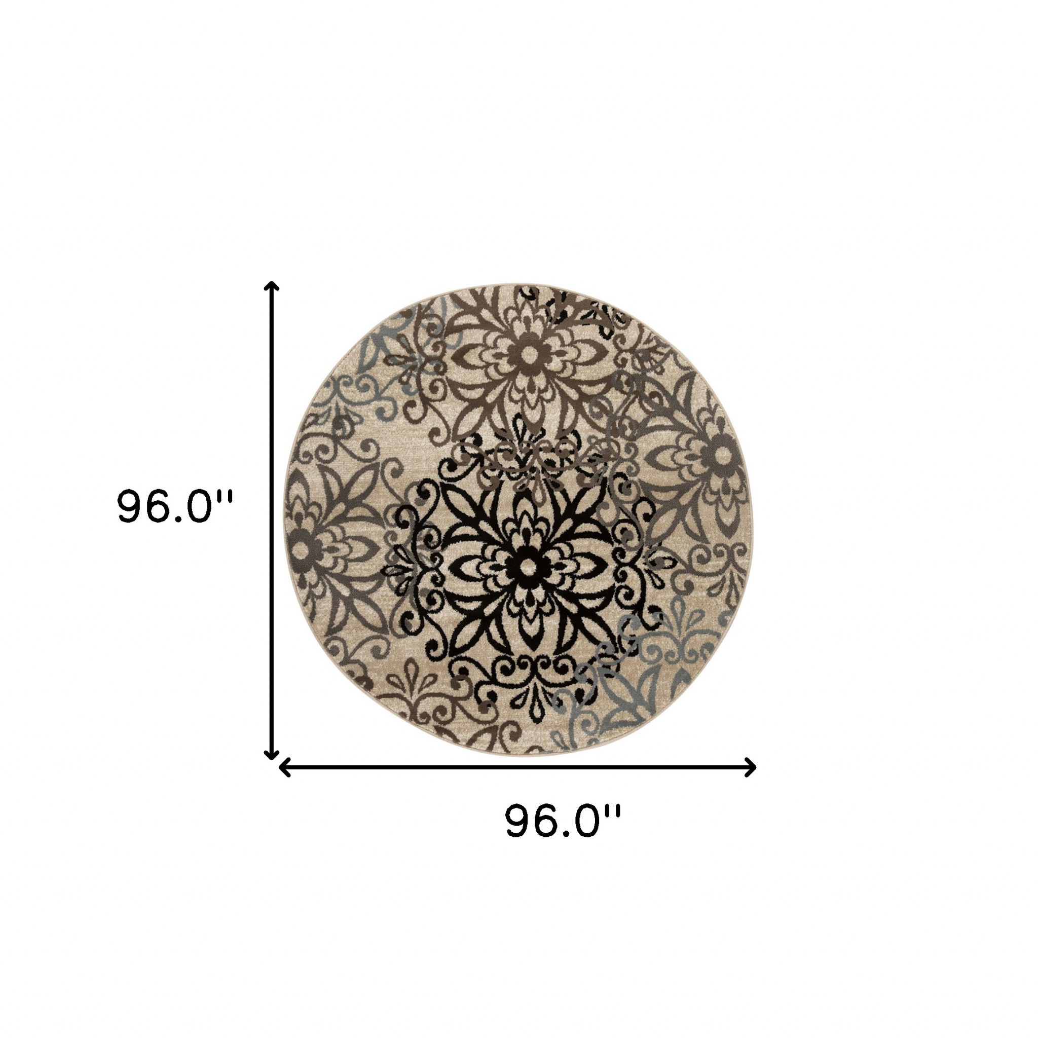8" Round Tan Gray And Black Round Floral Medallion Stain Resistant Area Rug