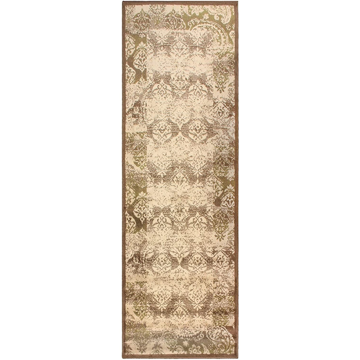 8" Brown Damask Power Loom Distressed Stain Resistant Runner Rug