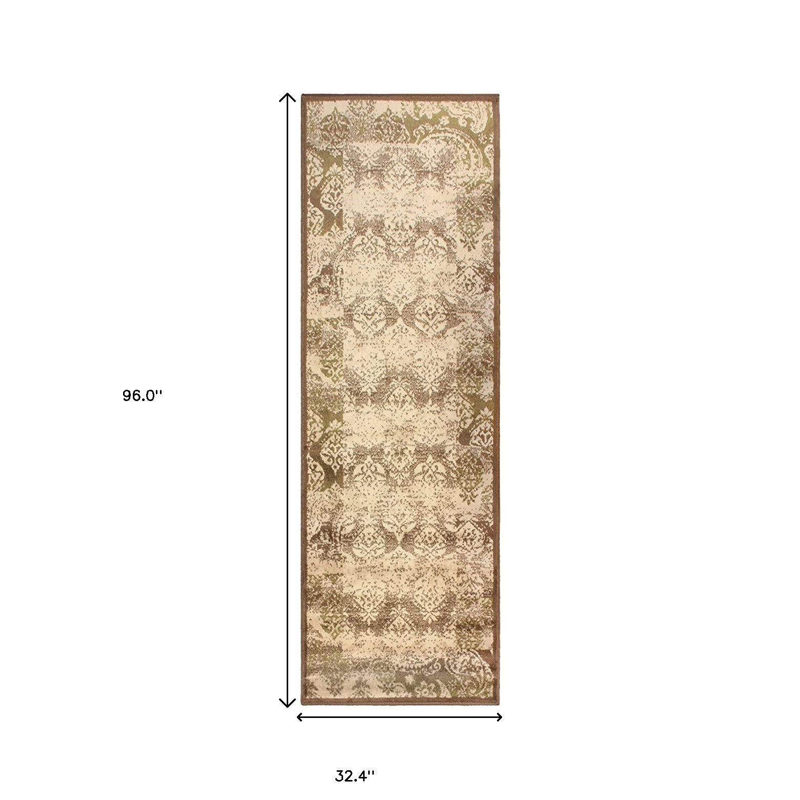 8" Brown Damask Power Loom Distressed Stain Resistant Runner Rug