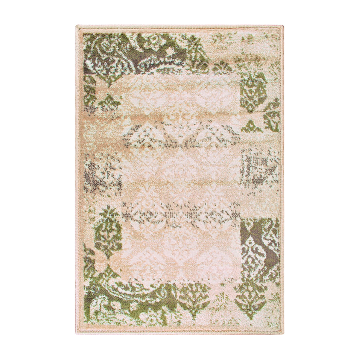 2" X 3" Beige Damask Power Loom Distressed Stain Resistant Area Rug