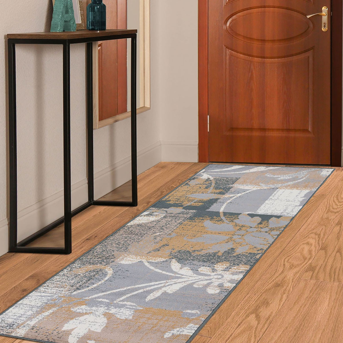10" Beige And Gray Floral Power Loom Distressed Stain Resistant Runner Rug