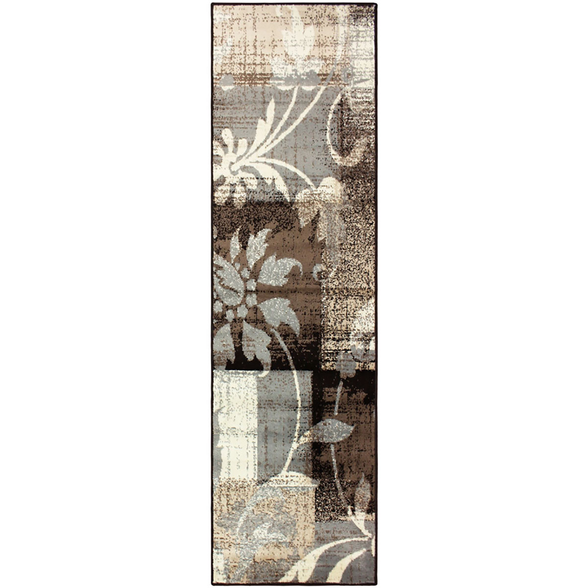 12" Beige And Gray Floral Power Loom Distressed Runner Rug