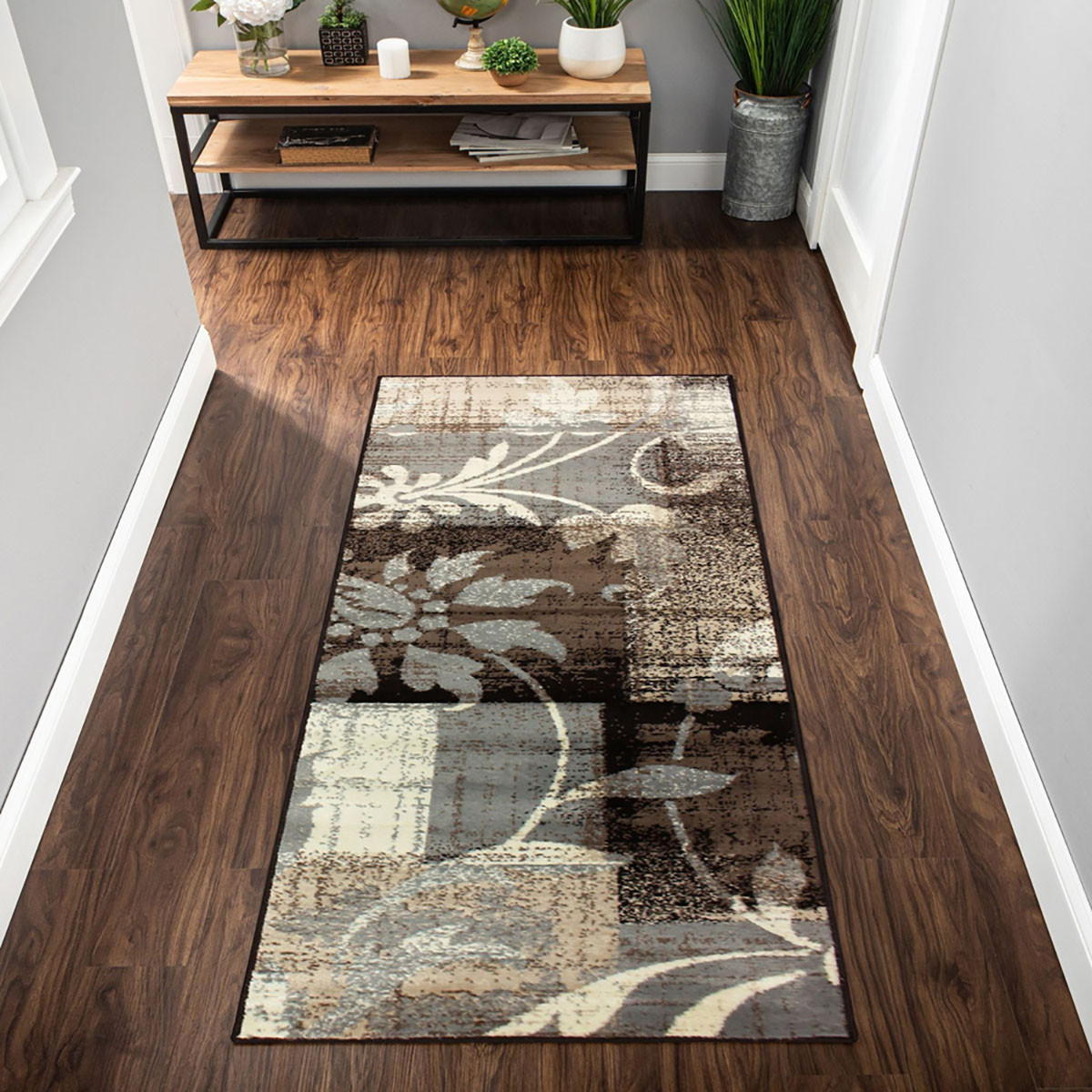 12" Beige And Gray Floral Power Loom Distressed Runner Rug
