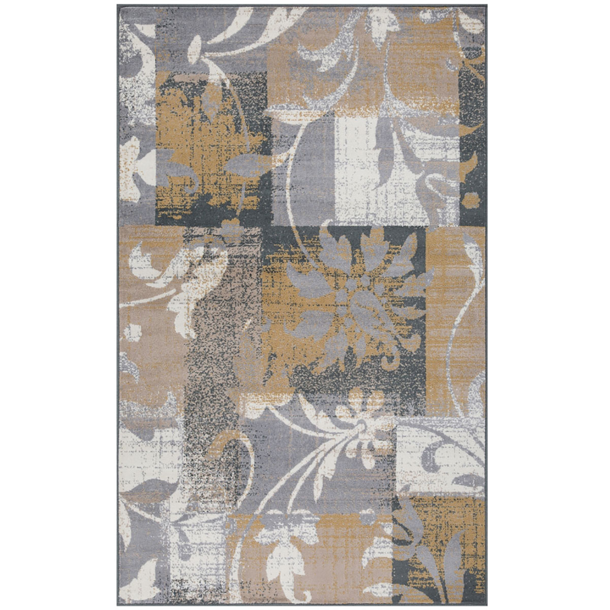 8" X 10" Beige And Gray Floral Power Loom Distressed Stain Resistant Area Rug