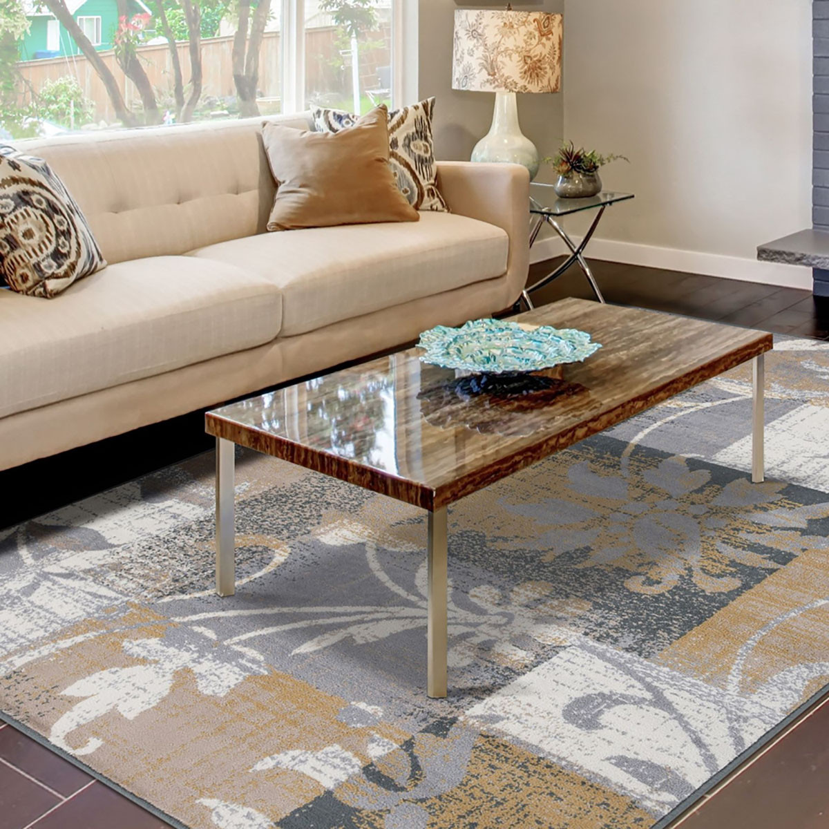 8" X 10" Beige And Gray Floral Power Loom Distressed Stain Resistant Area Rug