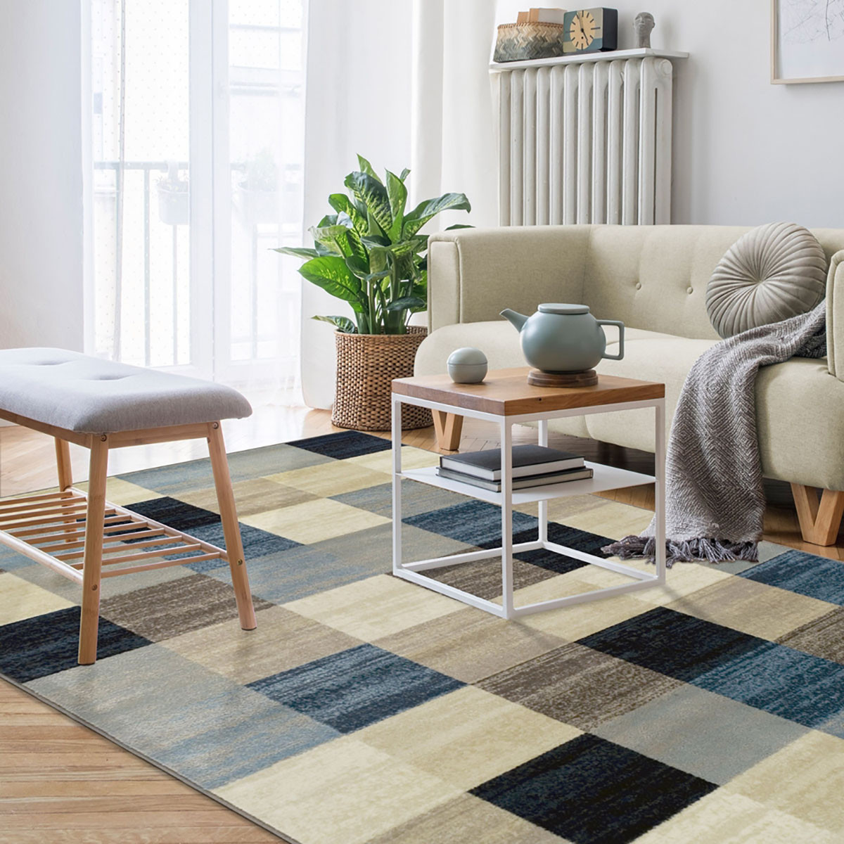 5" X 8" Blue And Teal Geometric Power Loom Stain Resistant Area Rug
