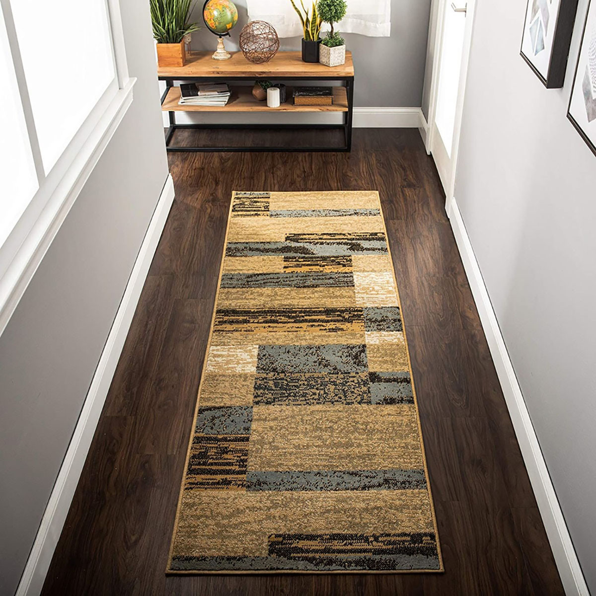 10" Light Blue-Beige Patchwork Power Loom Stain Resistant Runner Rug