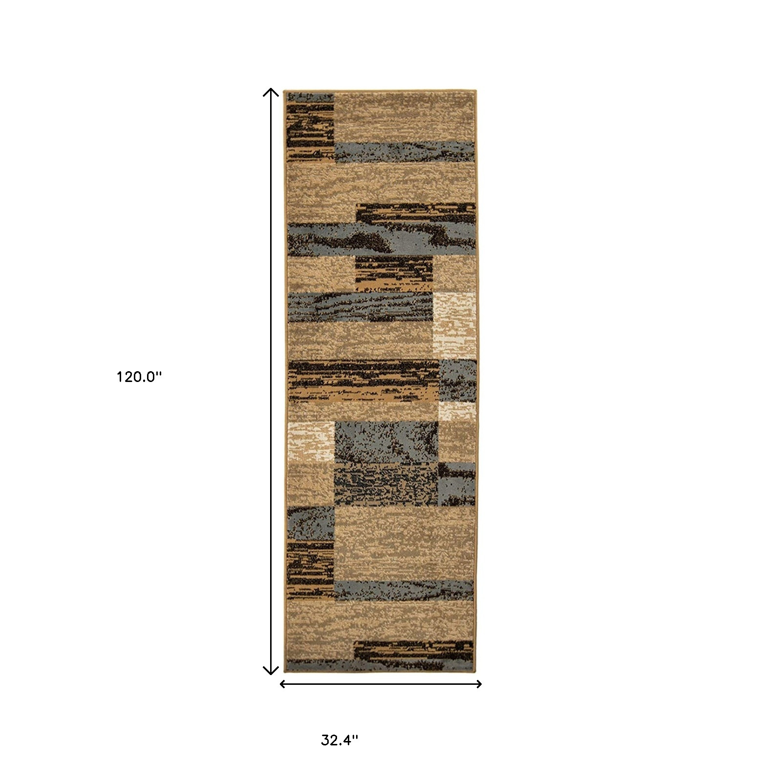 10" Light Blue-Beige Patchwork Power Loom Stain Resistant Runner Rug