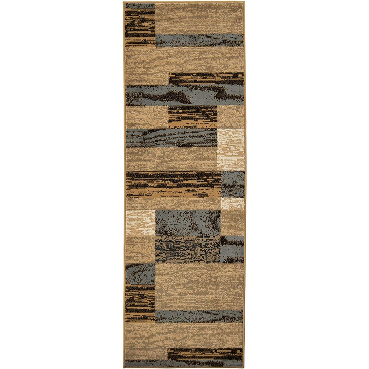 8" Light Blue And Beige Patchwork Power Loom Stain Resistant Runner Rug