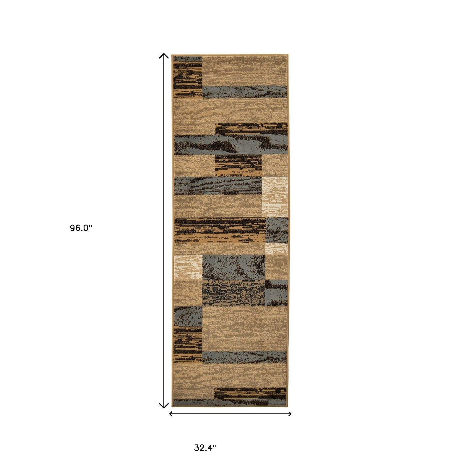 8" Light Blue And Beige Patchwork Power Loom Stain Resistant Runner Rug