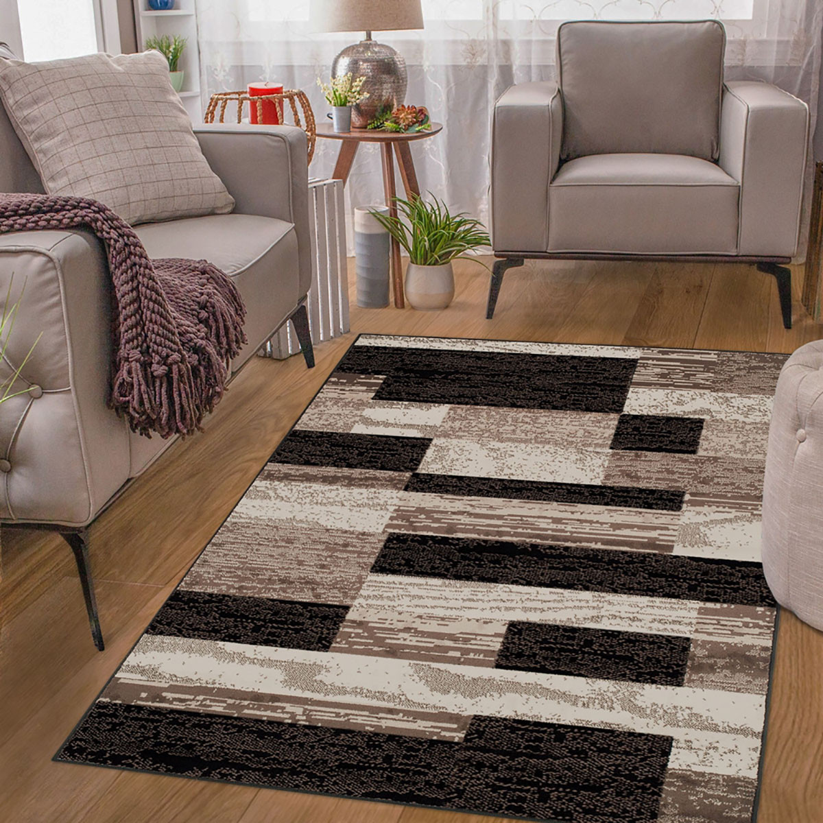 4" X 6" Chocolate Patchwork Power Loom Stain Resistant Area Rug