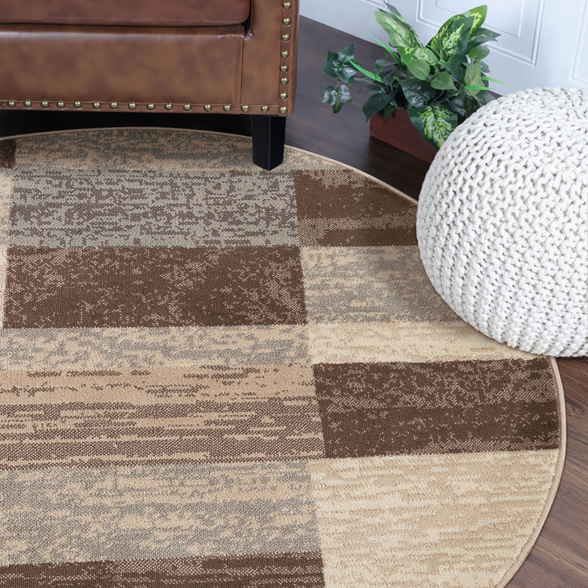 5" Round Slate Round Patchwork Power Loom Stain Resistant Area Rug