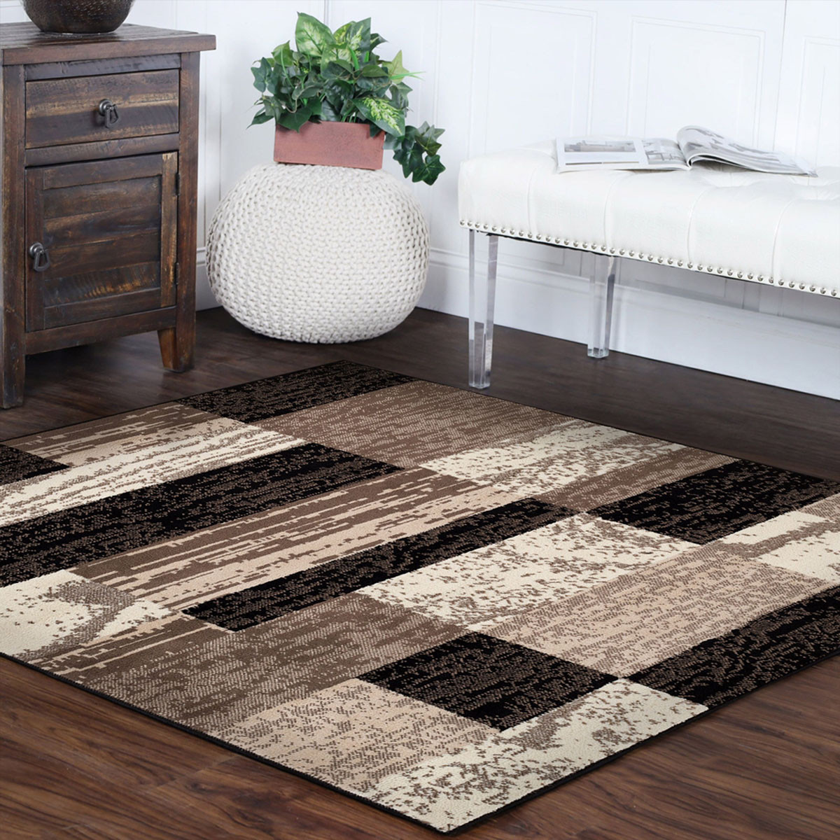 5" Square Chocolate Square Patchwork Power Loom Stain Resistant Area Rug
