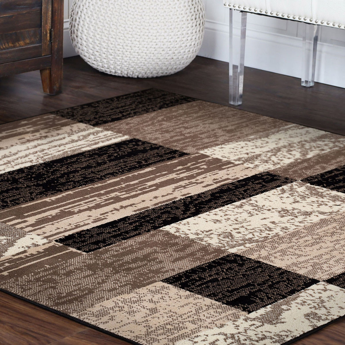 5" Square Chocolate Square Patchwork Power Loom Stain Resistant Area Rug