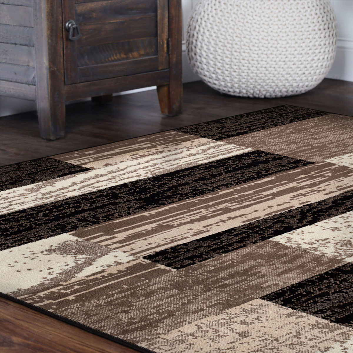 5" Square Chocolate Square Patchwork Power Loom Stain Resistant Area Rug