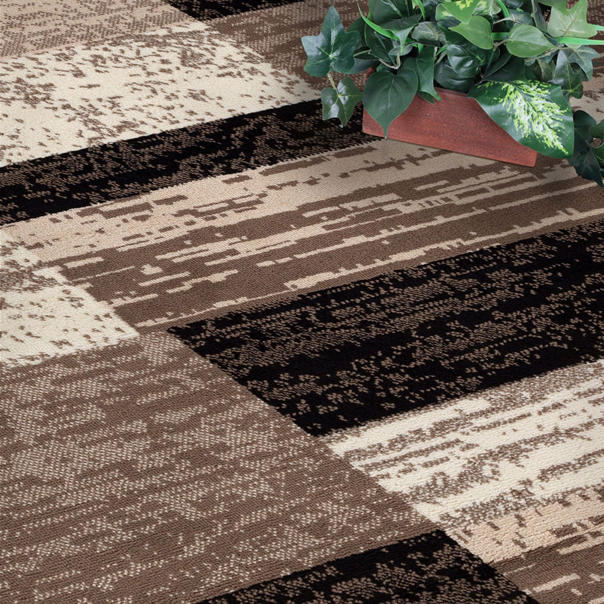 5" Square Chocolate Square Patchwork Power Loom Stain Resistant Area Rug