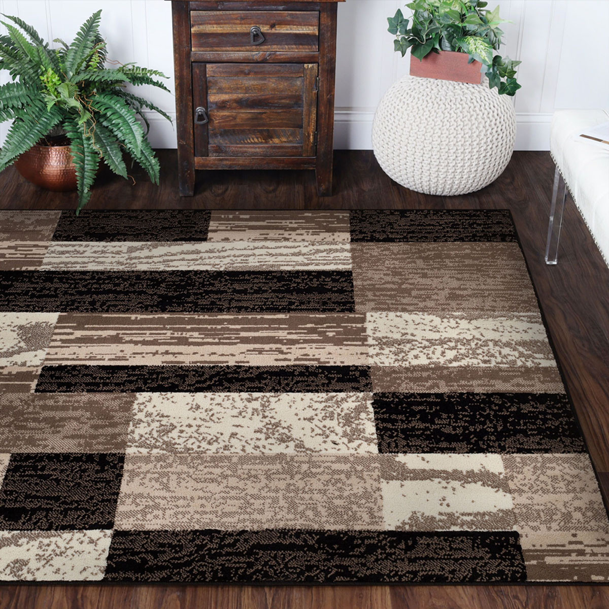 5" Square Chocolate Square Patchwork Power Loom Stain Resistant Area Rug