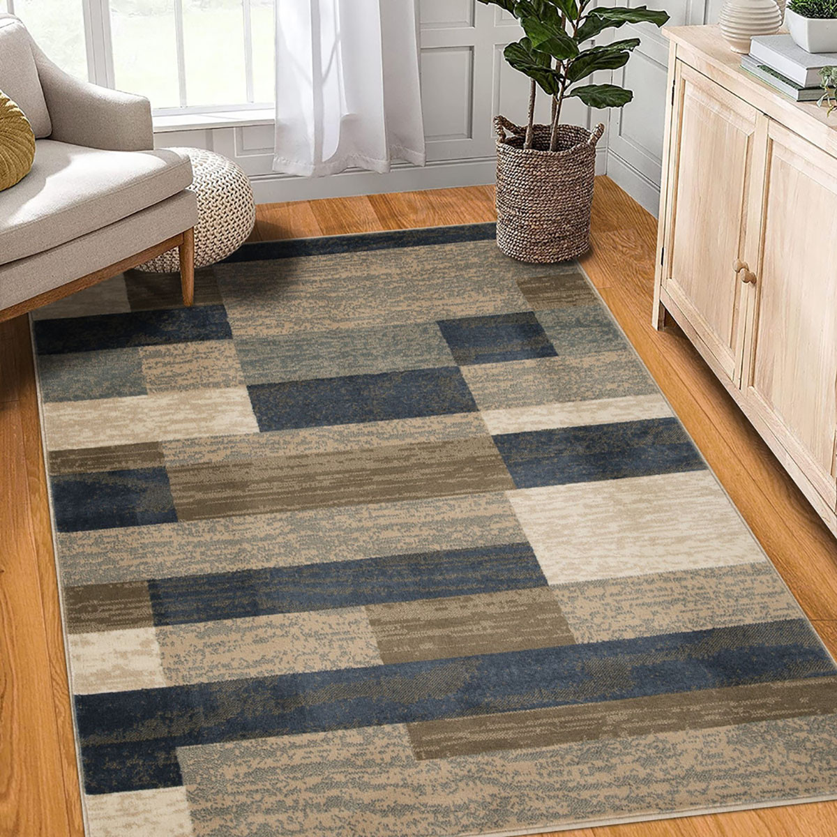 5" X 8" Midnight Navy Patchwork Power Loom Stain Resistant Area Rug