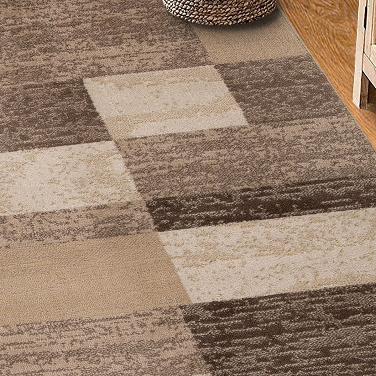 7" X 9" Beige Patchwork Power Loom Stain Resistant Area Rug