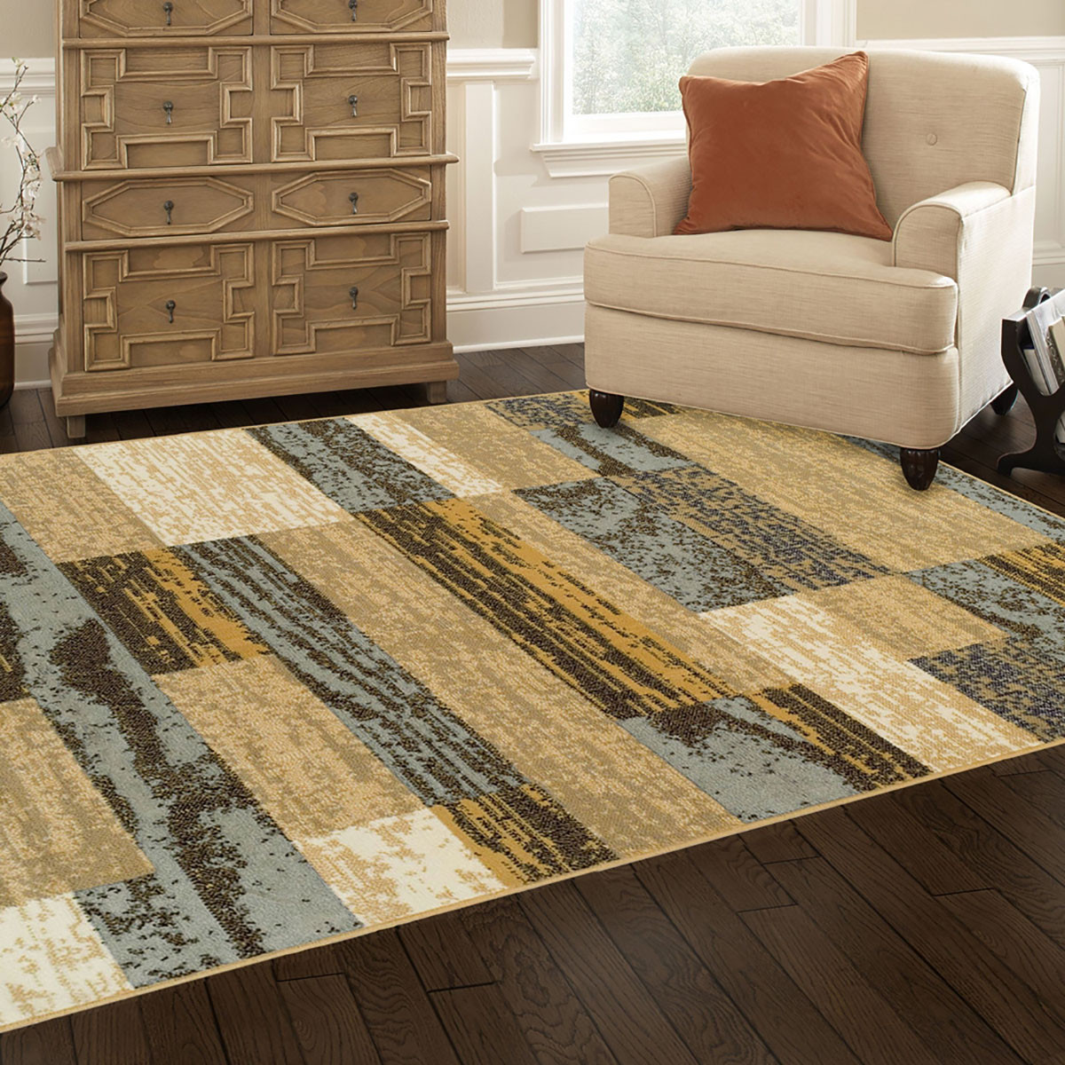 8" X 10" Light Blue And Beige Patchwork Power Loom Stain Resistant Area Rug