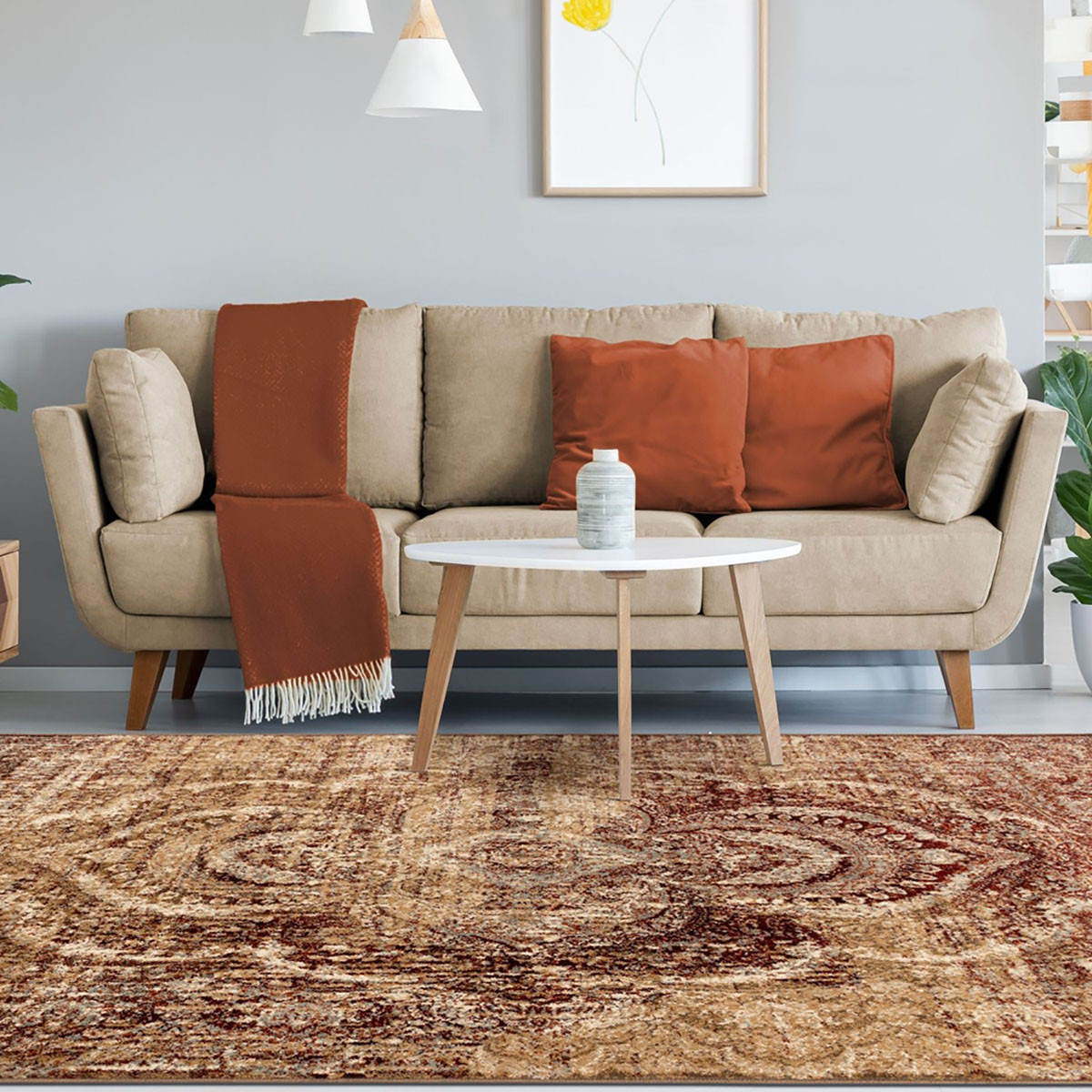 6" X 9" Maroon And Gold Abstract Power Loom Distressed Stain Resistant Area Rug