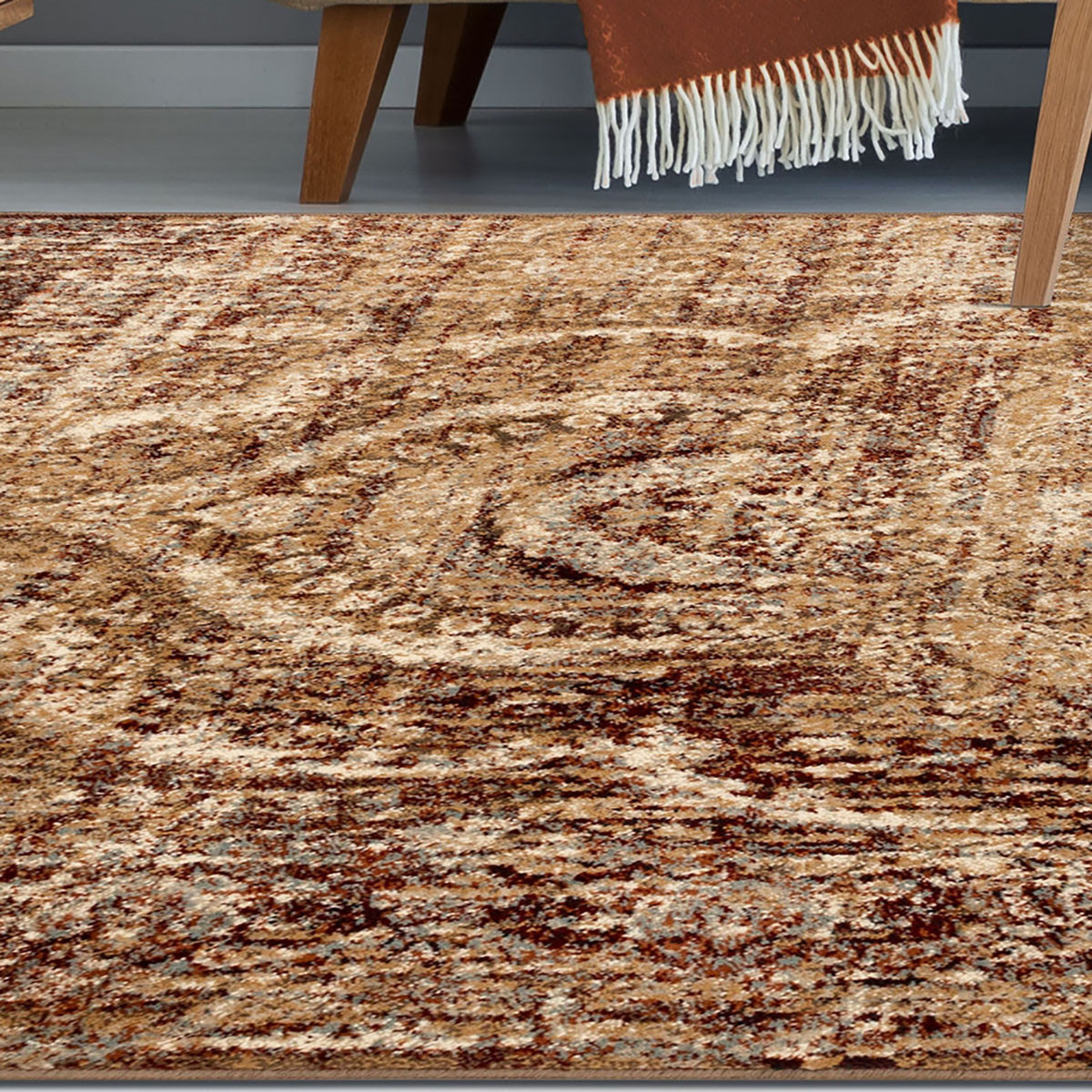 6" X 9" Maroon And Gold Abstract Power Loom Distressed Stain Resistant Area Rug