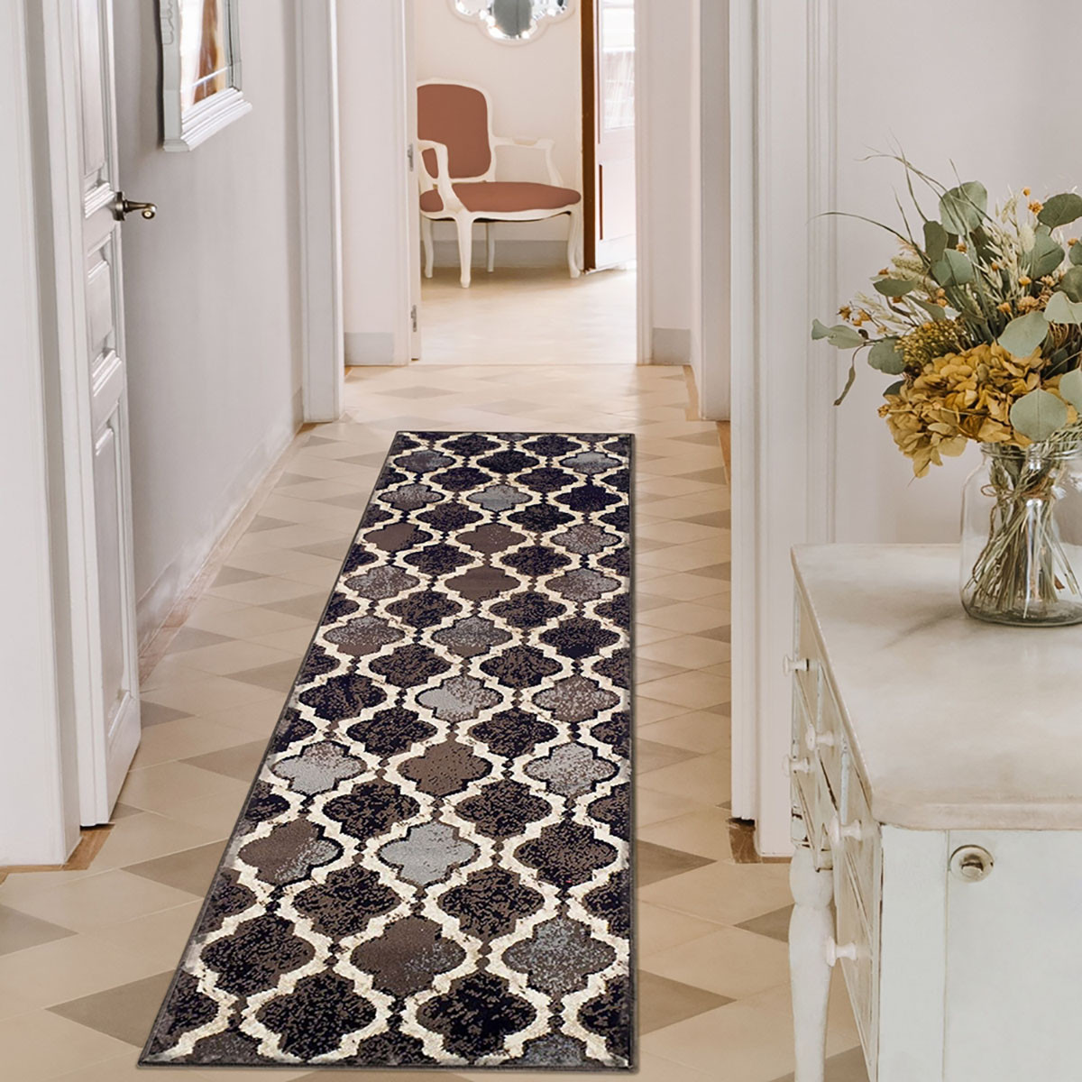 12" Chocolate Quatrefoil Power Loom Distressed Stain Resistant Runner Rug