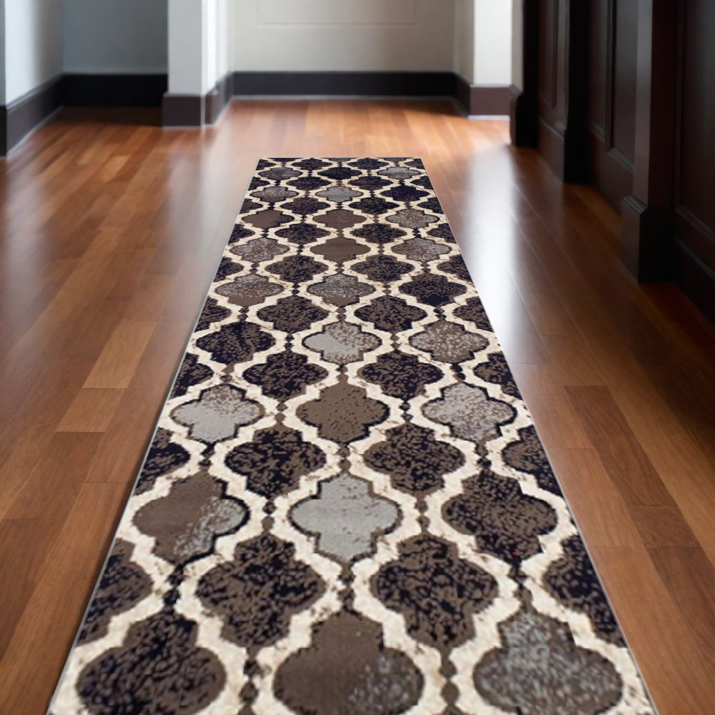 12" Chocolate Quatrefoil Power Loom Distressed Stain Resistant Runner Rug