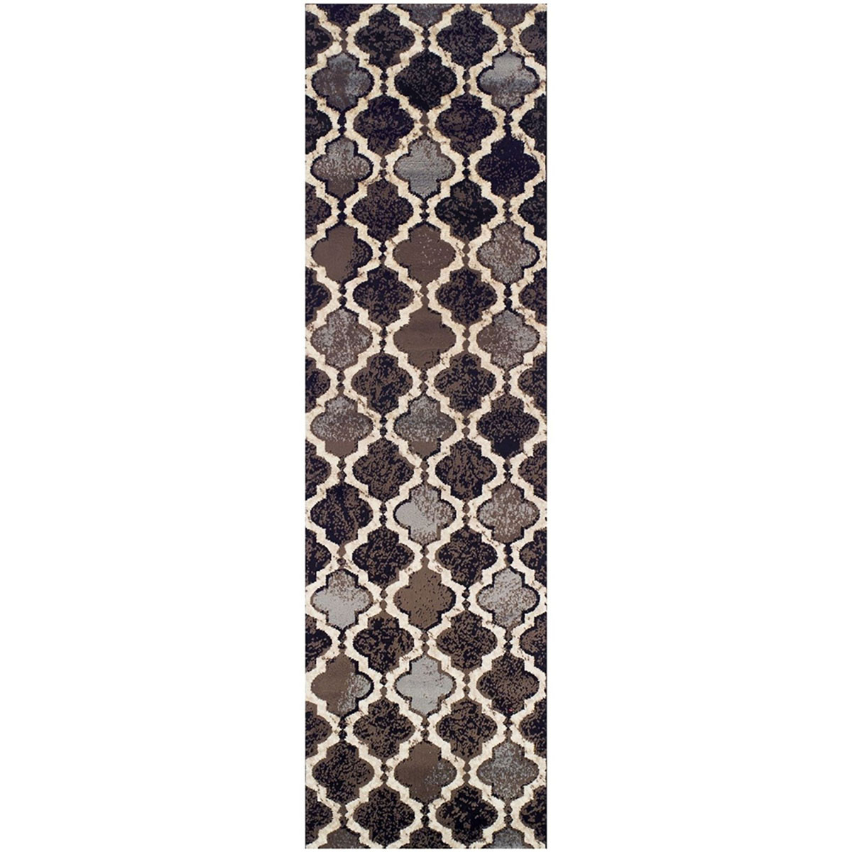 8" Chocolate Quatrefoil Power Loom Distressed Stain Resistant Runner Rug