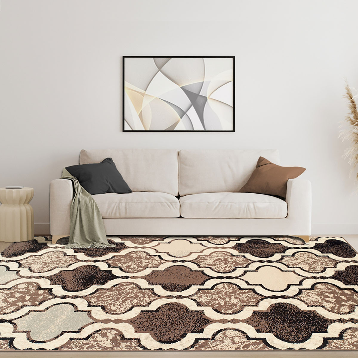 5" X 8" Ivory Quatrefoil Power Loom Distressed Stain Resistant Area Rug